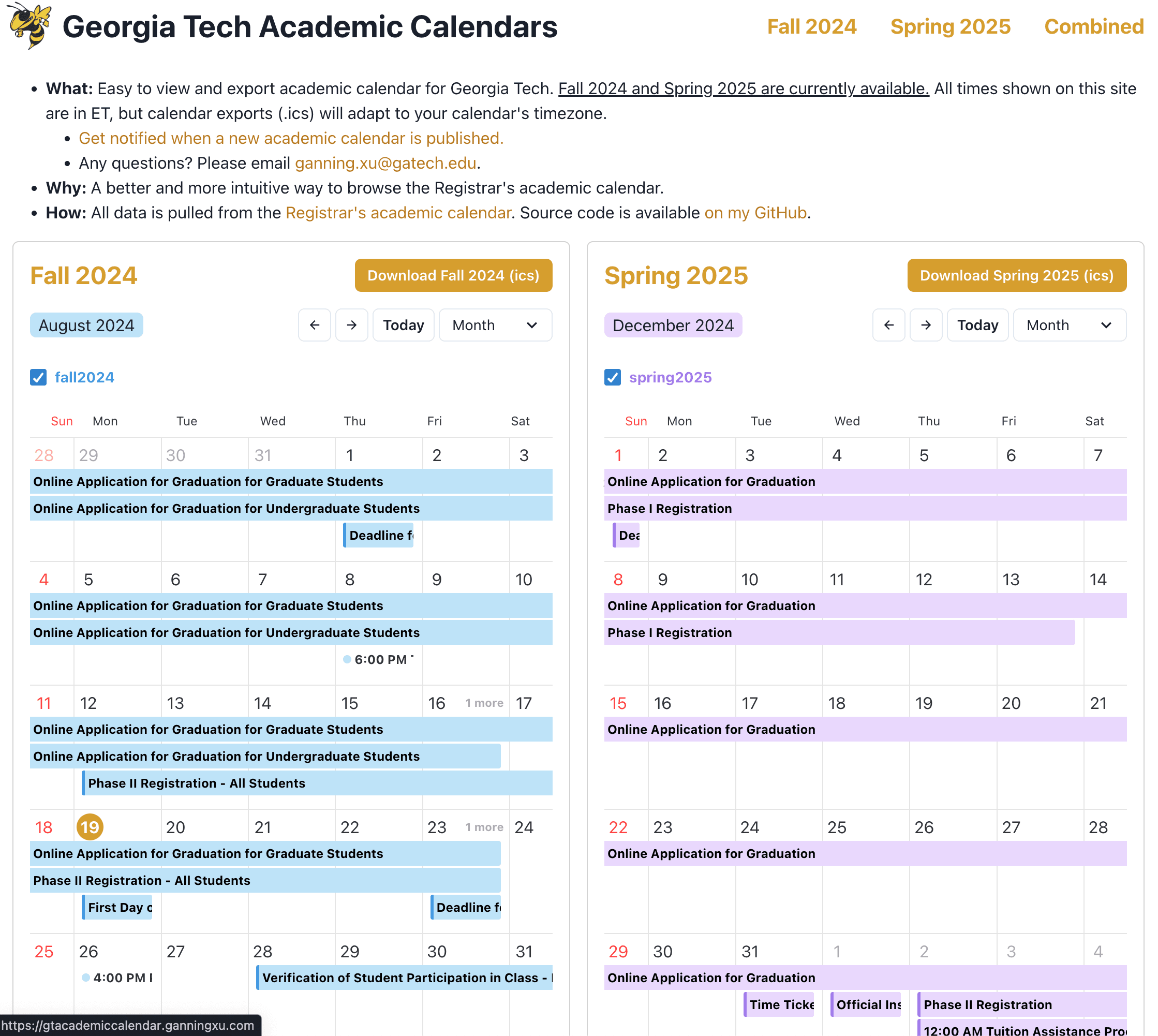 Thumbnail of the homepage of GT Academic Calendars